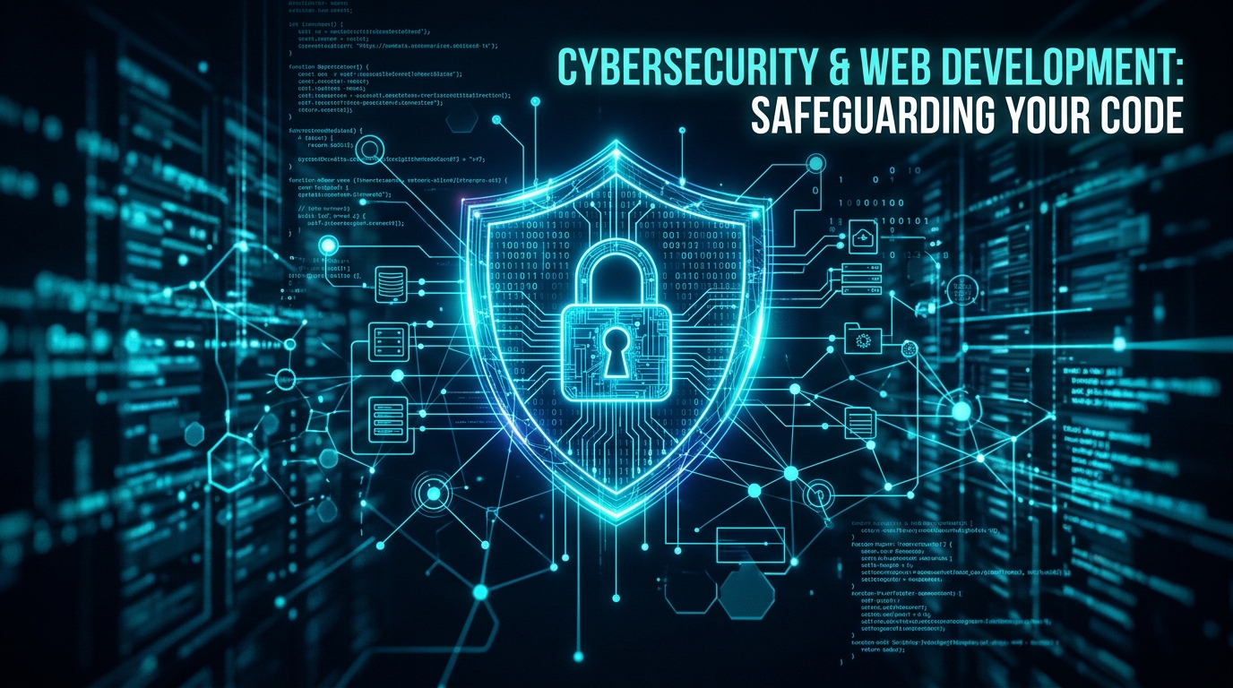 Cybersecurity and web development glowing digital shield and code protection matrix